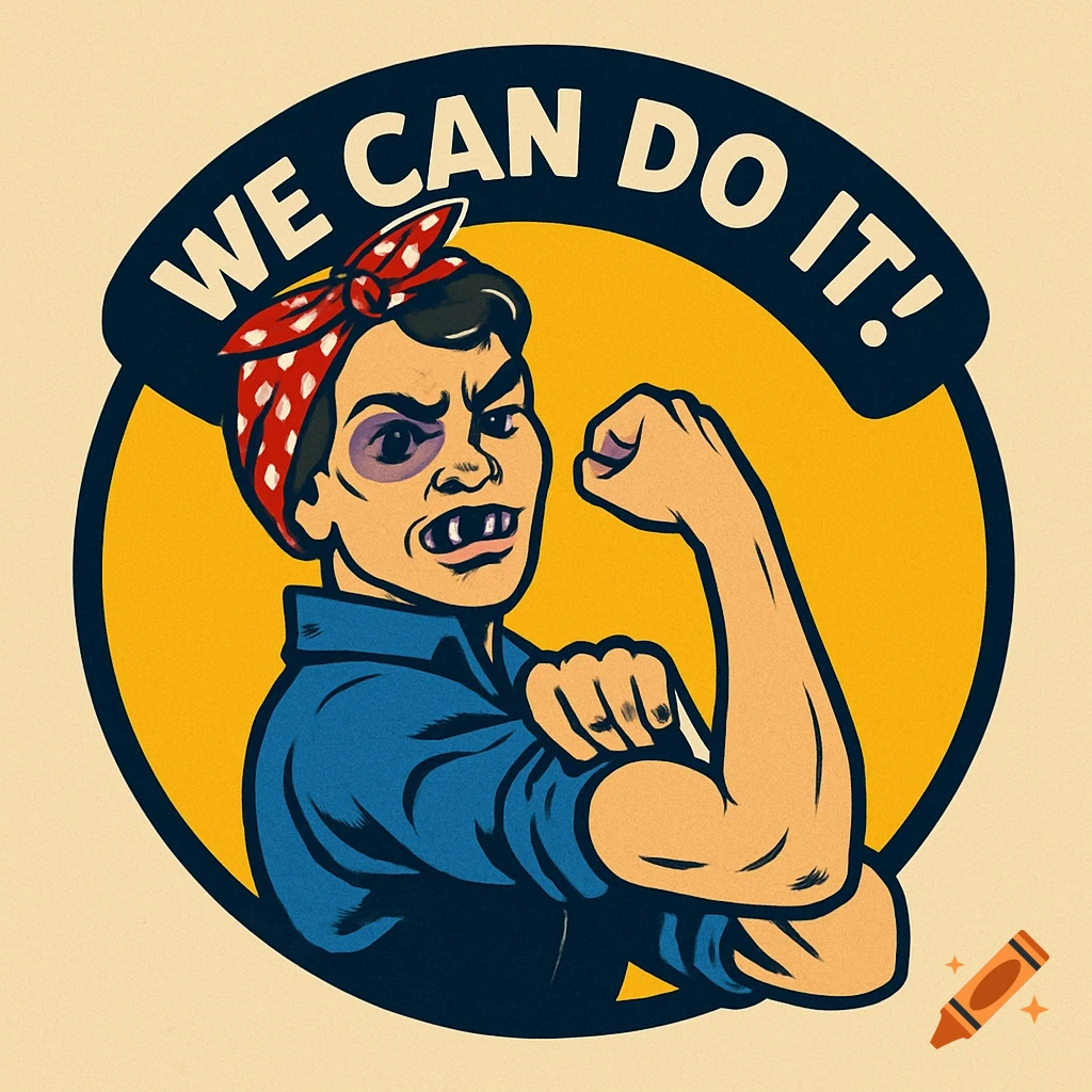 Vintage-style logo of a determined Rosie the Riveter with a black eye and missing teeth, flexing her arm, with 'WE CAN DO IT!' text.