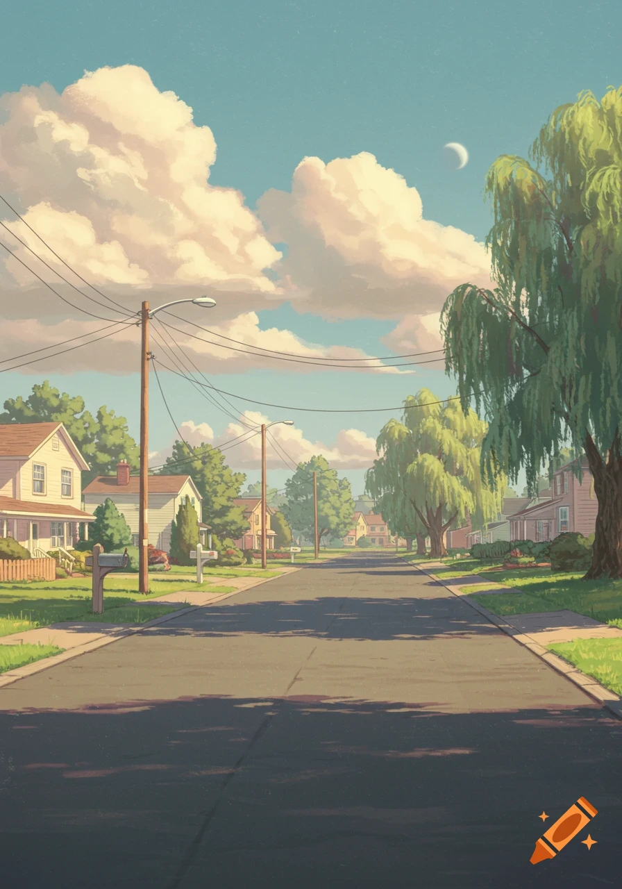 A dreamlike, stylized view of a suburban street lined with houses and trees under a partly cloudy sky with a crescent moon.