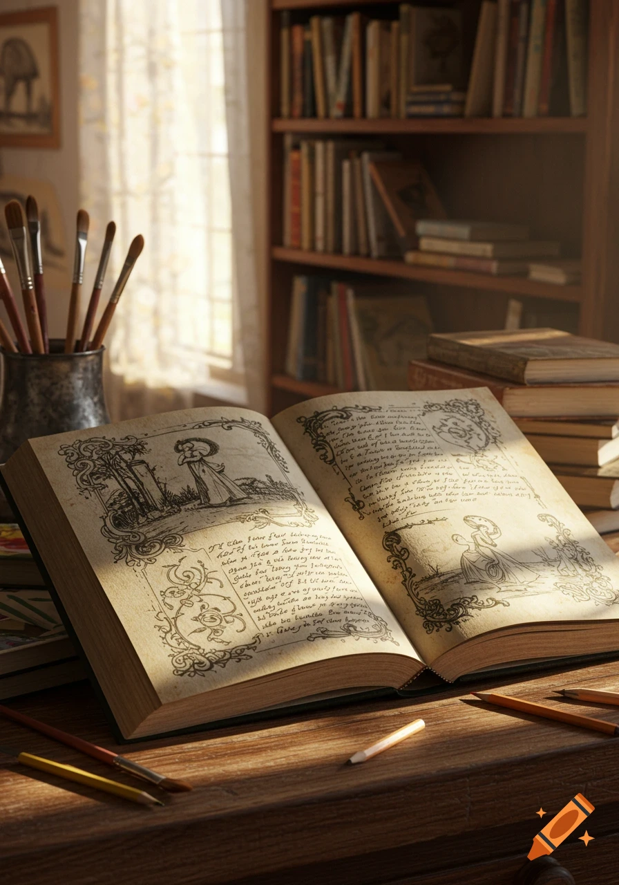 An open antique-looking artbook or journal lies on a wooden desk, illuminated by sunlight from a window. Paintbrushes are in a jar, and bookshelves fill the background.