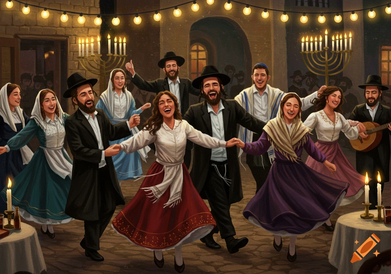 A group of happy Jewish people in traditional clothing laugh and dance in a circle outdoors at night, illuminated by string lights and candles.