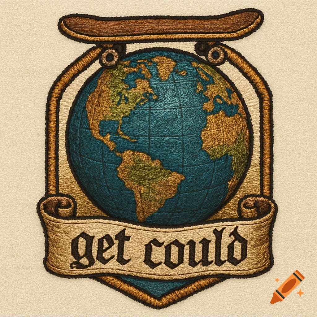 An embroidered patch featuring a globe with a skateboard on top and a scroll at the bottom reading 'get could'.