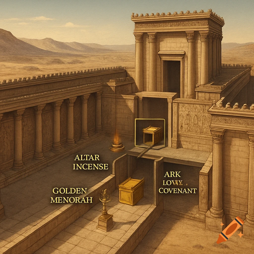 An aerial diagram of Ezekiel's Temple in a desert, with labels pointing to a golden menorah, altar of incense, and the Ark of the Covenant.