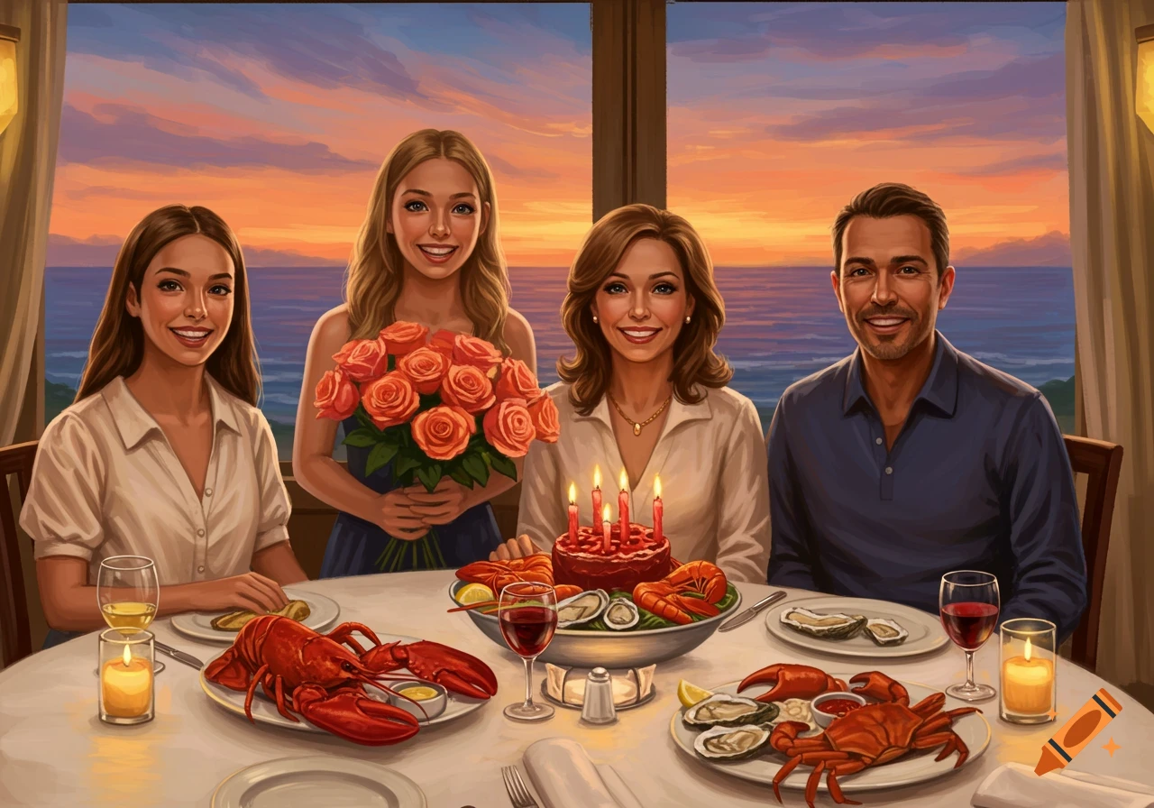 A family of four celebrates a birthday at a seafood restaurant with a cake, lobsters, and oysters, with a sunset ocean view.