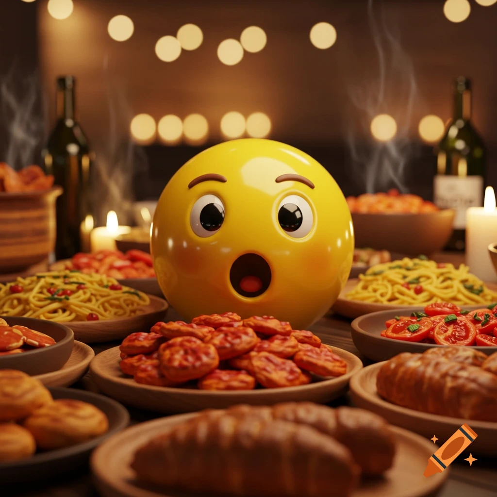 A surprised emoji sits on a wooden table, surrounded by various dishes of pasta, bread, and snacks, with wine bottles and candles in the background.