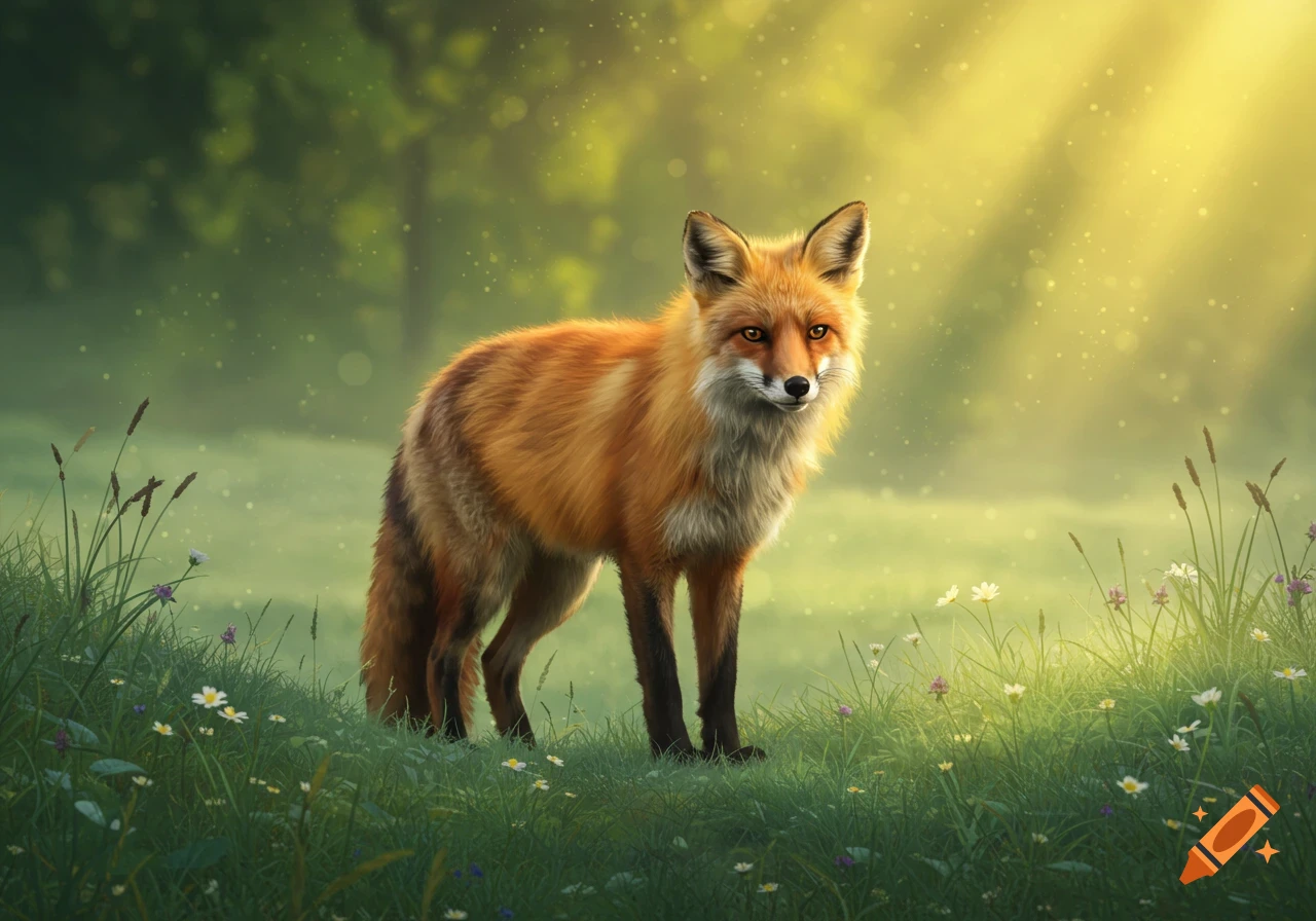 A photorealistic fox stands in a sunlit grassy field with flowers, looking forward.