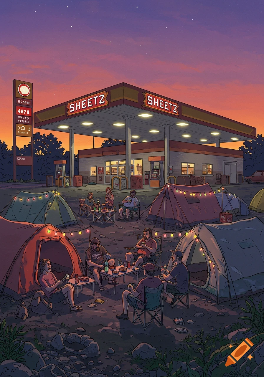 Illustrated scene of people camping in tents with string lights outside a Sheetz gas station at sunset, with a warm purple and orange sky.