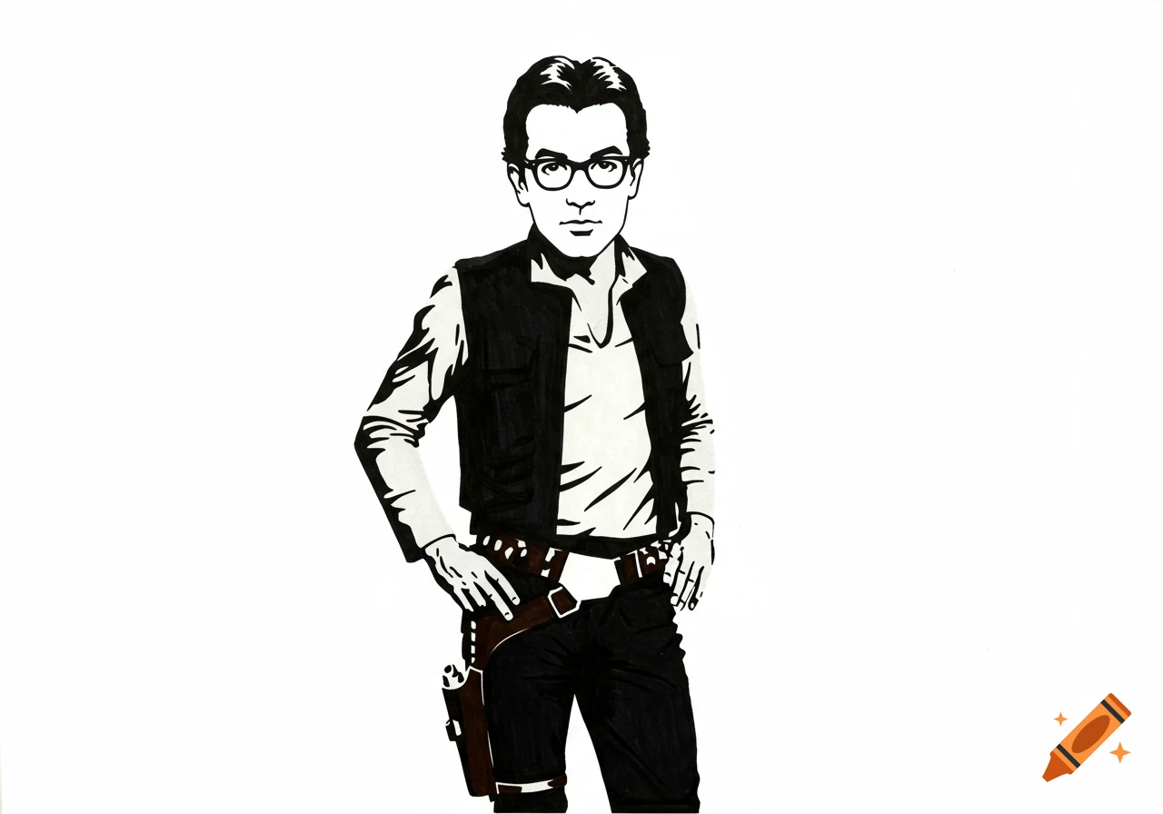 Black and white illustration of Han Solo's body with Walt Jabsco's face, wearing glasses.