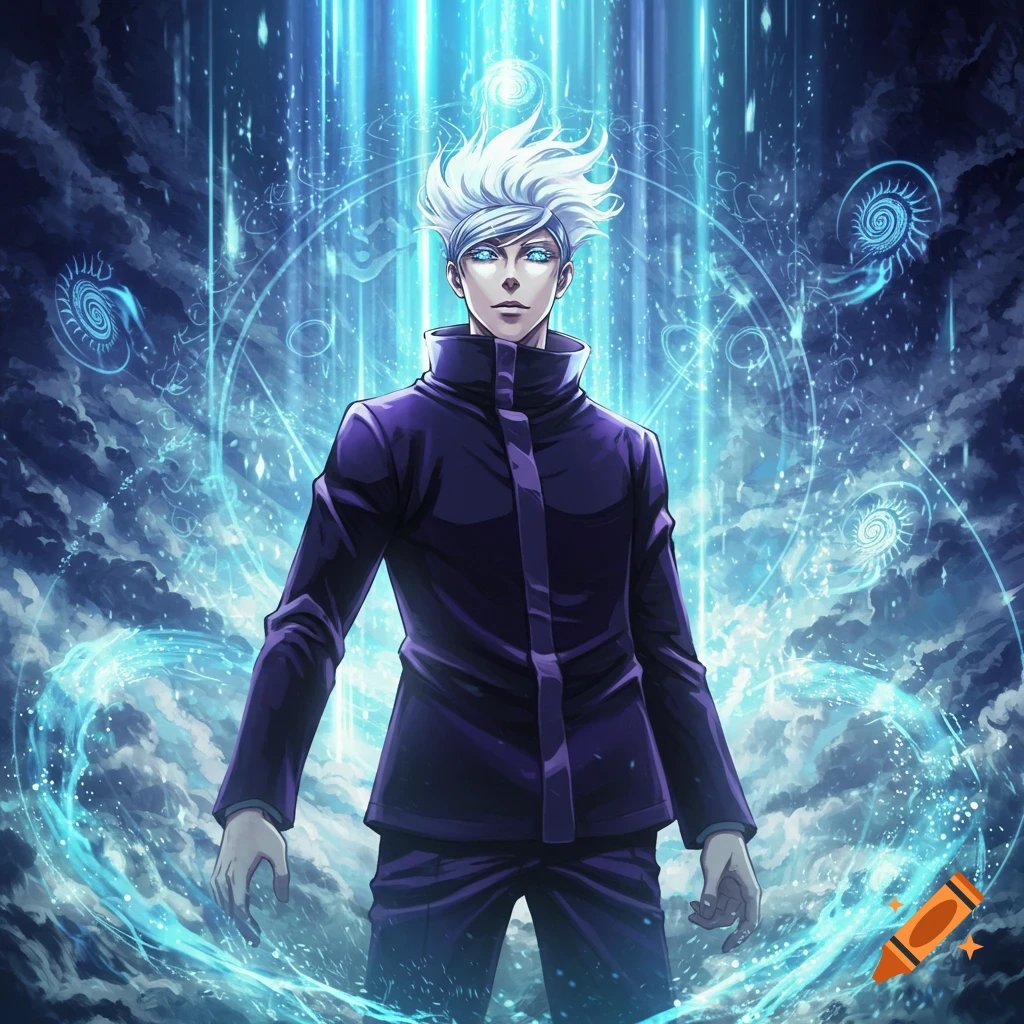 Anime character with white spiky hair and glowing blue eyes, surrounded by bright blue mystical energy.