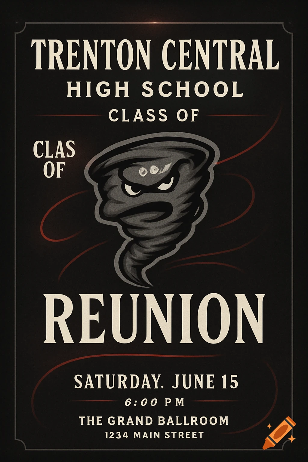 A vintage-style black and white flyer for a Trenton Central High School Reunion featuring a gray tornado mascot with angry eyes. Text includes event details.