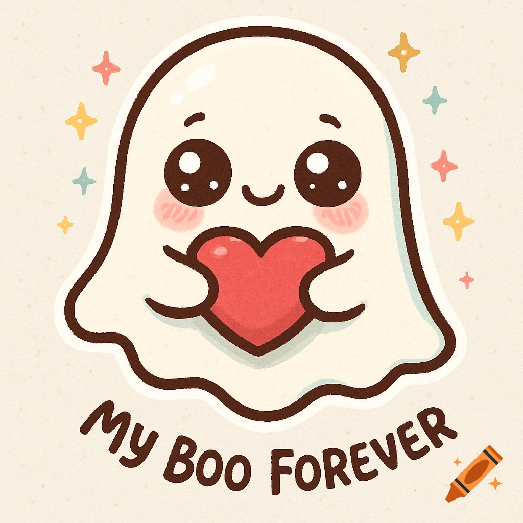 A cute kawaii ghost with big sparkly eyes and blushing cheeks holds a red heart, with the text 'My Boo Forever' below it.