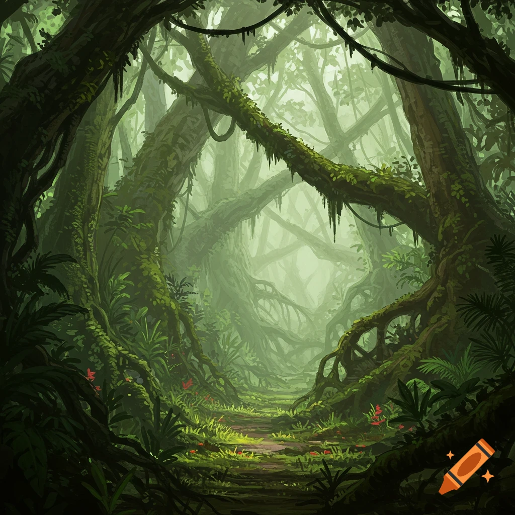 A winding path disappears into a dense, misty, and dark jungle with overgrown trees, vines, and lush green foliage, in an illustrative style.