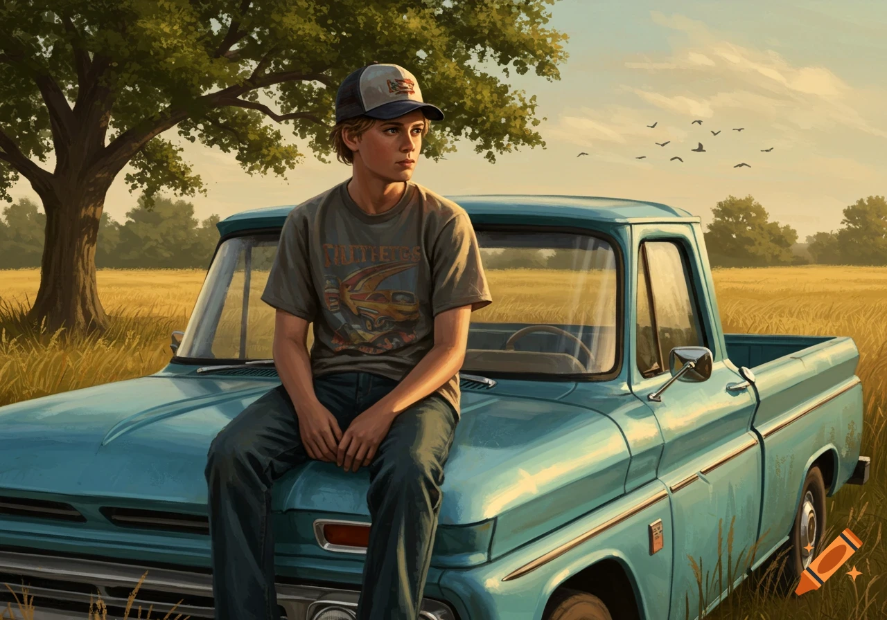 A realistic illustration of a teen boy sitting on a blue vintage pickup truck in a golden field.