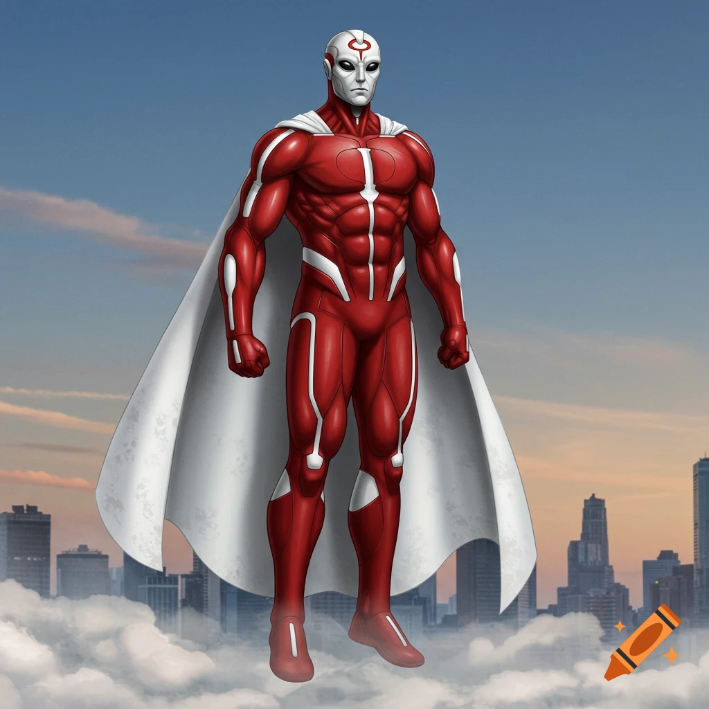 A powerful superhero in a red and white suit with a flowing white cape floats above a city skyline. The hero has a unique symbol on their forehead.