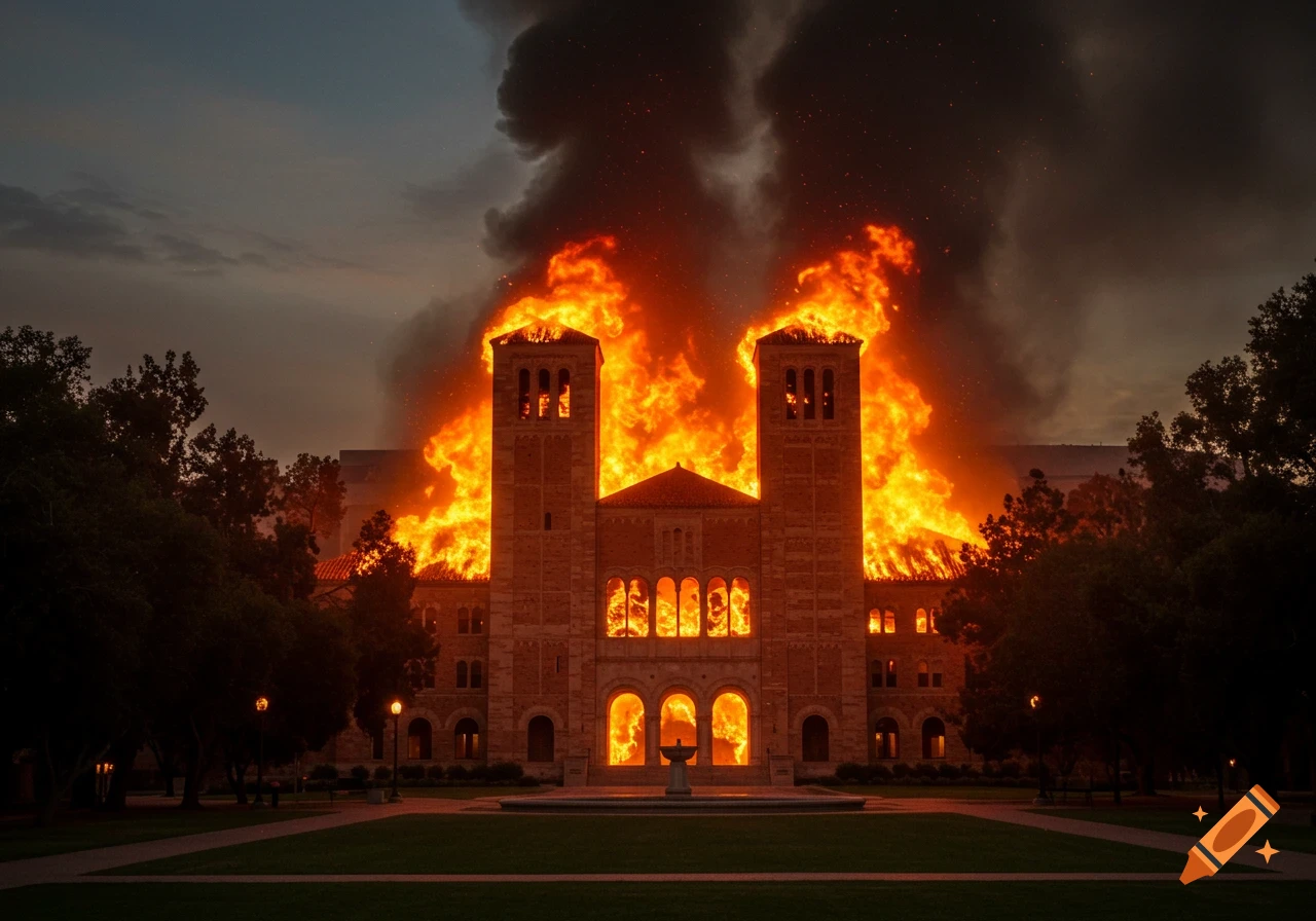 A large stone university building, resembling UCLA's Royce Hall, is engulfed in massive orange flames and thick black smoke against a dark sky.