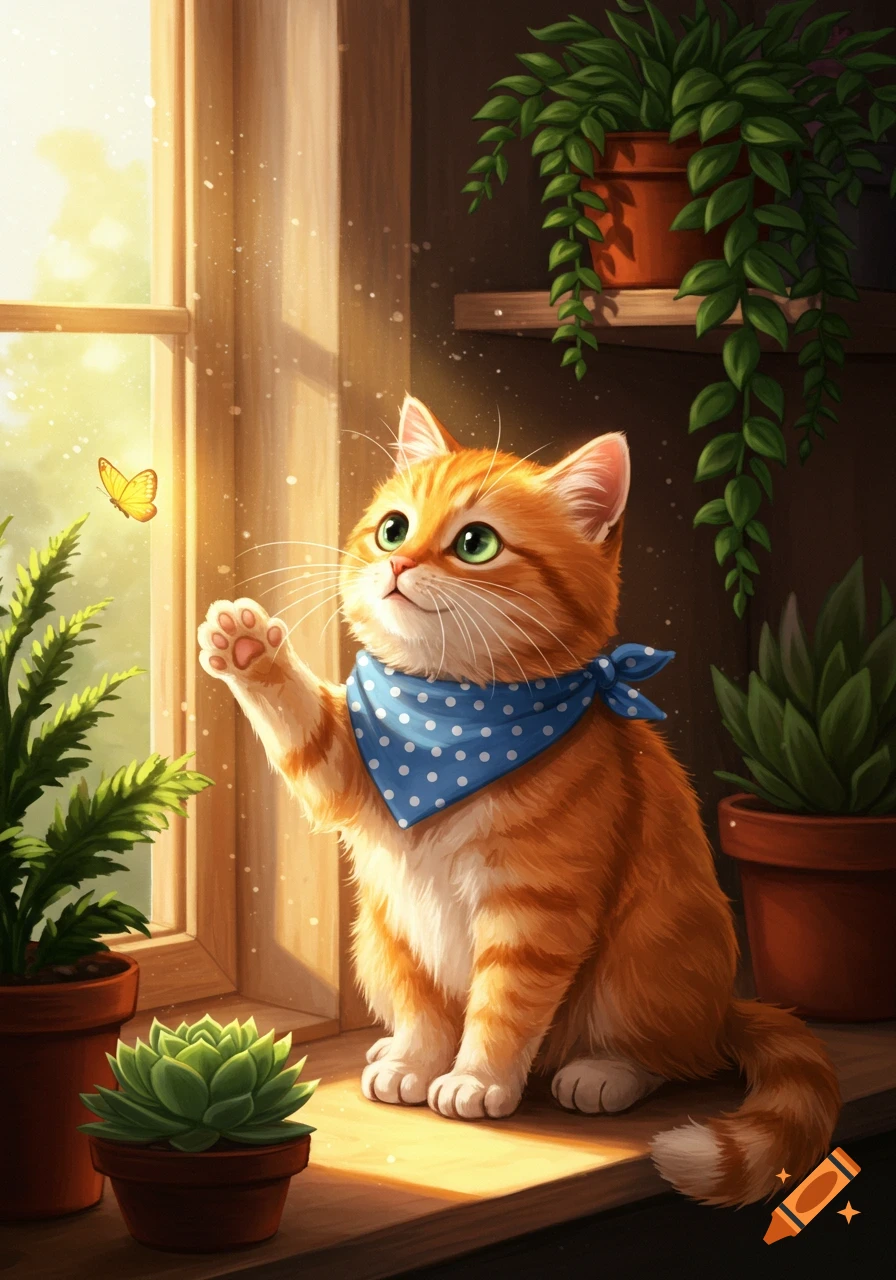 A cute orange cat wearing a blue bandana sits on a sunny window sill, paw raised, looking at a yellow butterfly.