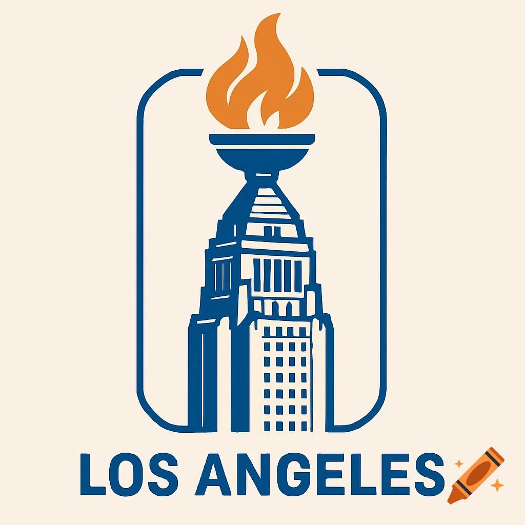 A stylized logo of the Los Angeles City Hall building topped with an orange Olympic torch flame, framed by a blue outline, with 'LOS ANGELES' text below.