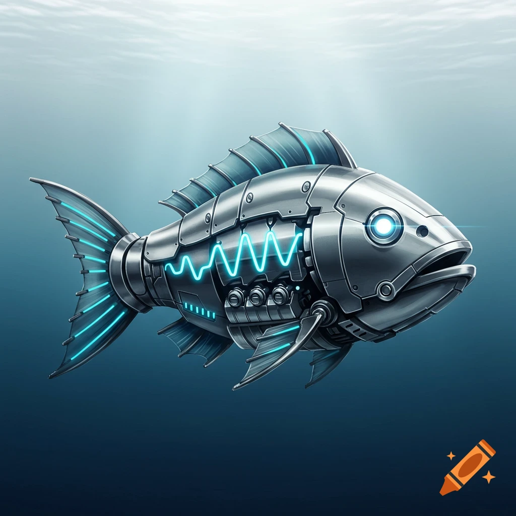 A detailed illustration of a metallic robotic fish with glowing blue accents and an internal waveform swimming underwater.