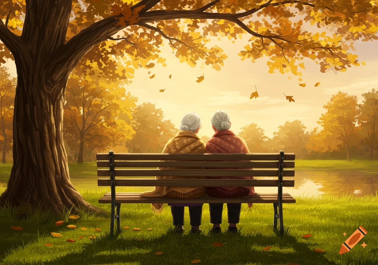 Two elderly women sit on a park bench, their backs to the viewer, under a large autumn tree with golden leaves, overlooking a lake at sunset in an illustrative style.