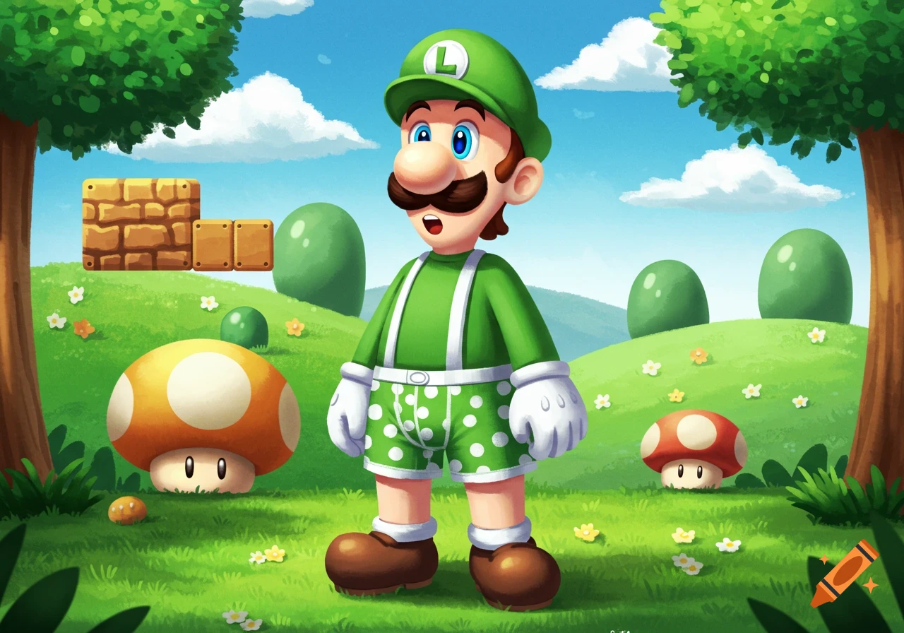 Cartoon illustration of Luigi in green boxer shorts and undershirt, standing in a vibrant green landscape with mushrooms and brick blocks.