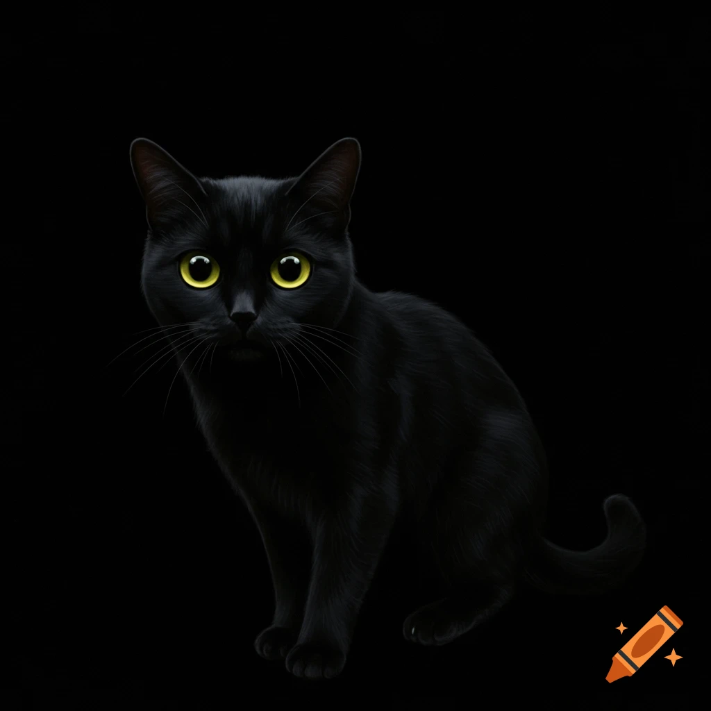 A black cat with bright yellow eyes sits against a black background.