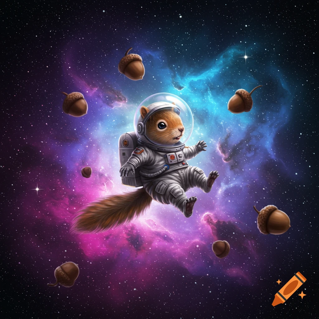 A cute, cartoonish squirrel in an astronaut suit floats in outer space surrounded by acorns and a colorful nebula.