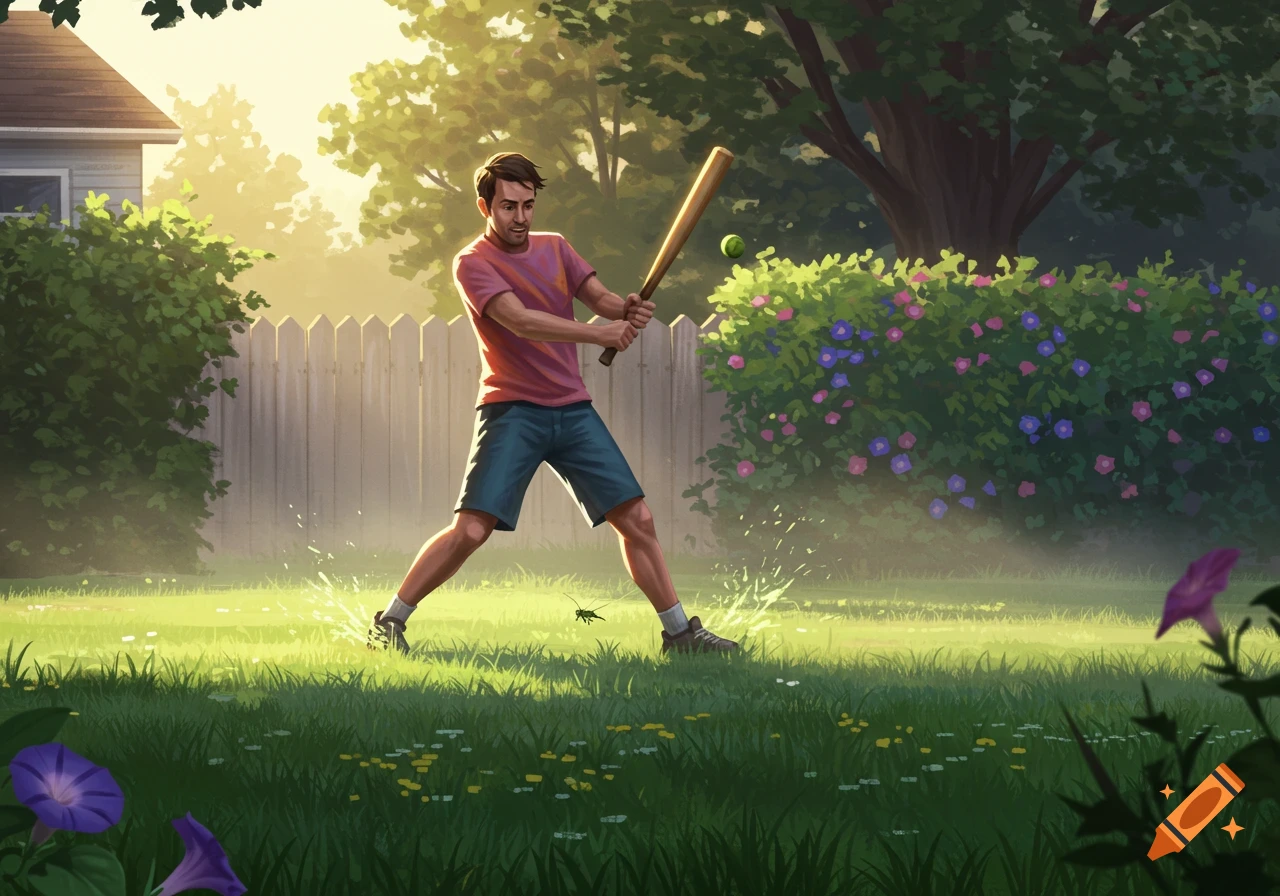 A man in a pink shirt and shorts swings a baseball bat at a cricket in a sunlit grassy yard.