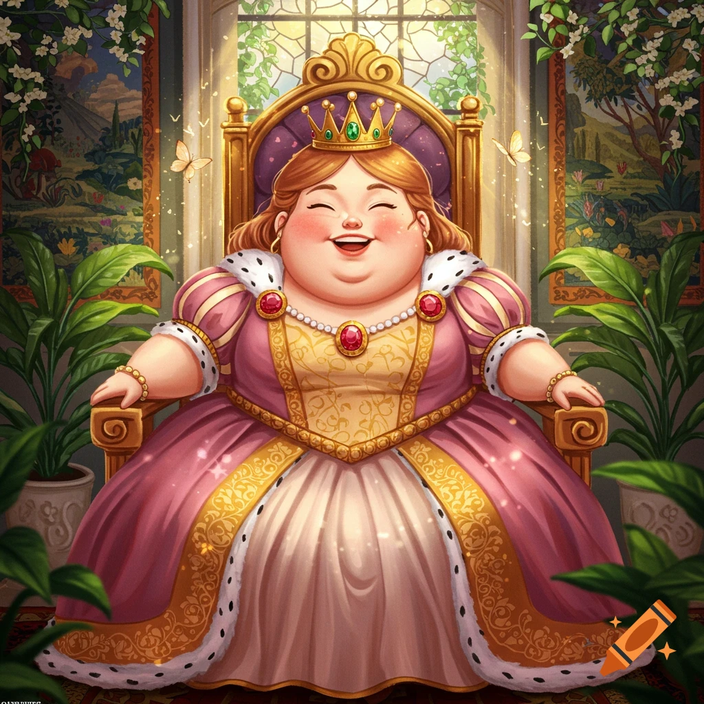 A happy, chubby princess in a pink and gold gown sits on a golden throne in a whimsical, sunlit royal chamber.