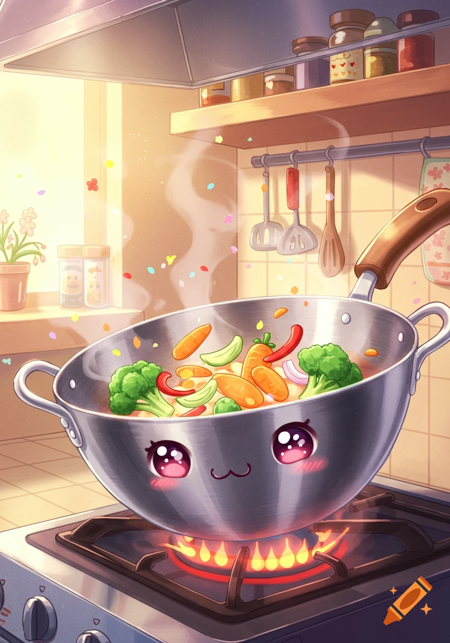 A cute anime-style kitchen scene with a cartoon wok filled with colorful vegetables cooking on a stove.