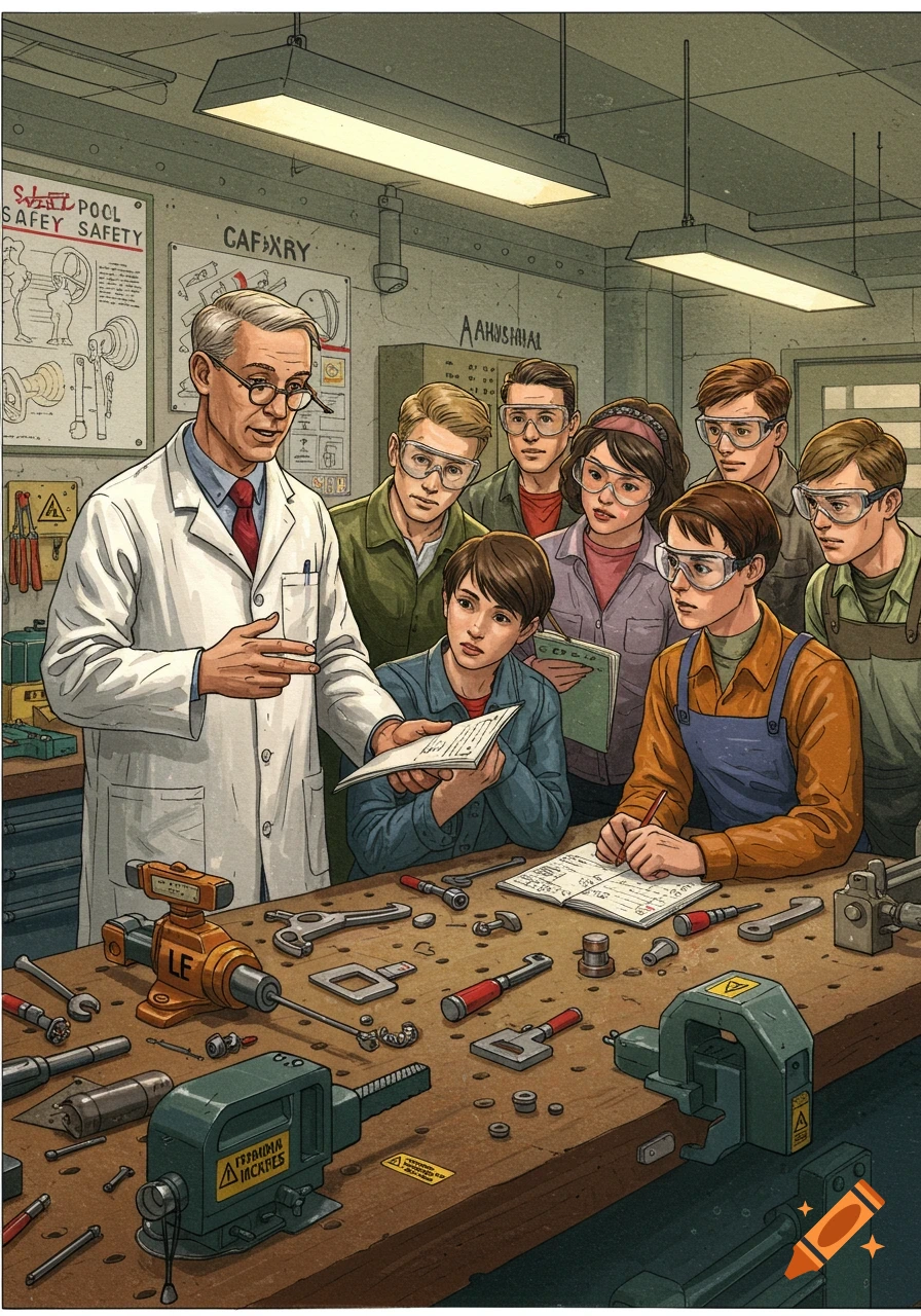 A male instructor in a lab coat teaches tool safety to a diverse group of students wearing safety glasses in a workshop filled with tools. Illustrated style.