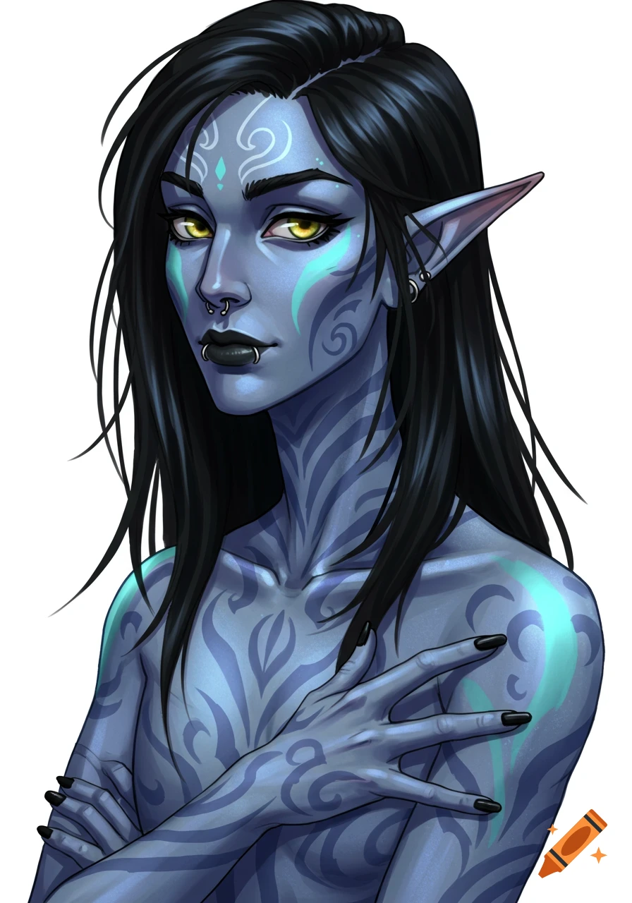 An illustrated portrait of an elf with blue skin, long black hair, yellow eyes, piercings, and dark tattoos.