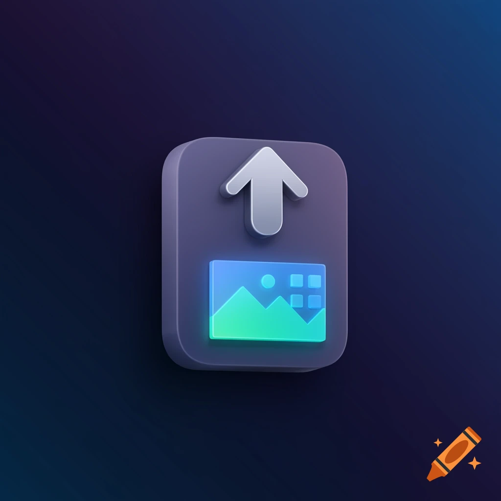A 3D rendered upload icon with a white upward arrow and a glowing blue-green image symbol on a dark background.