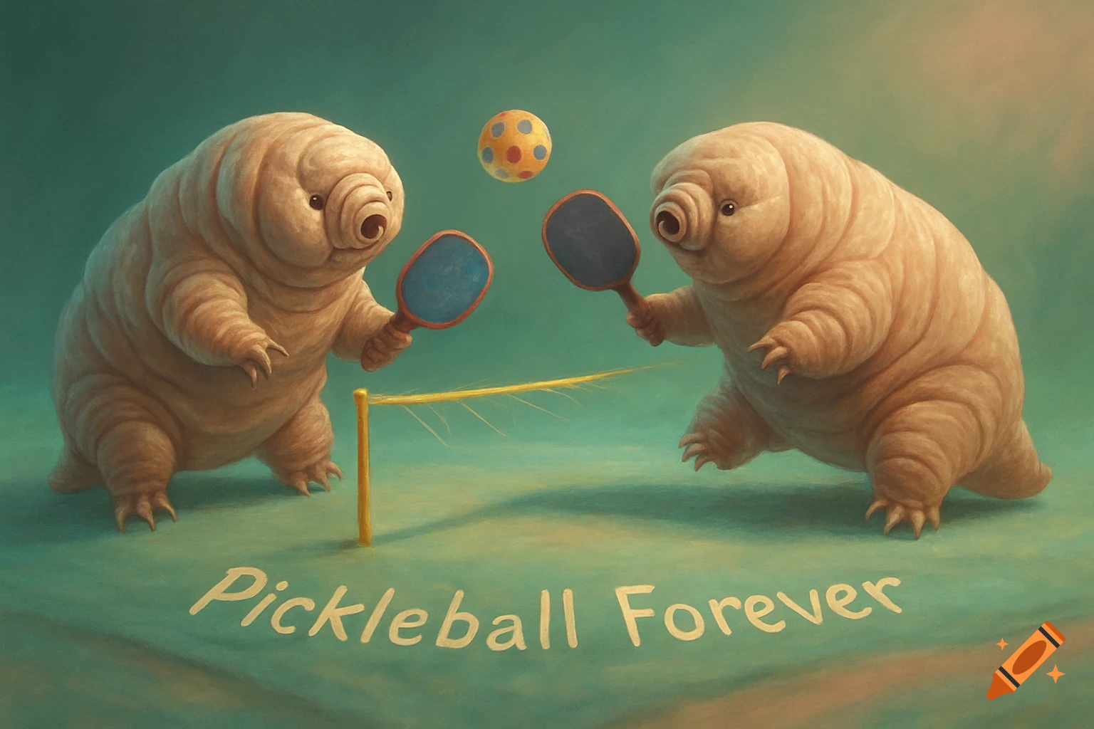 Two plump, cute tardigrades play pickleball on a green court, with a yellow net and the words 'Pickleball Forever'.
