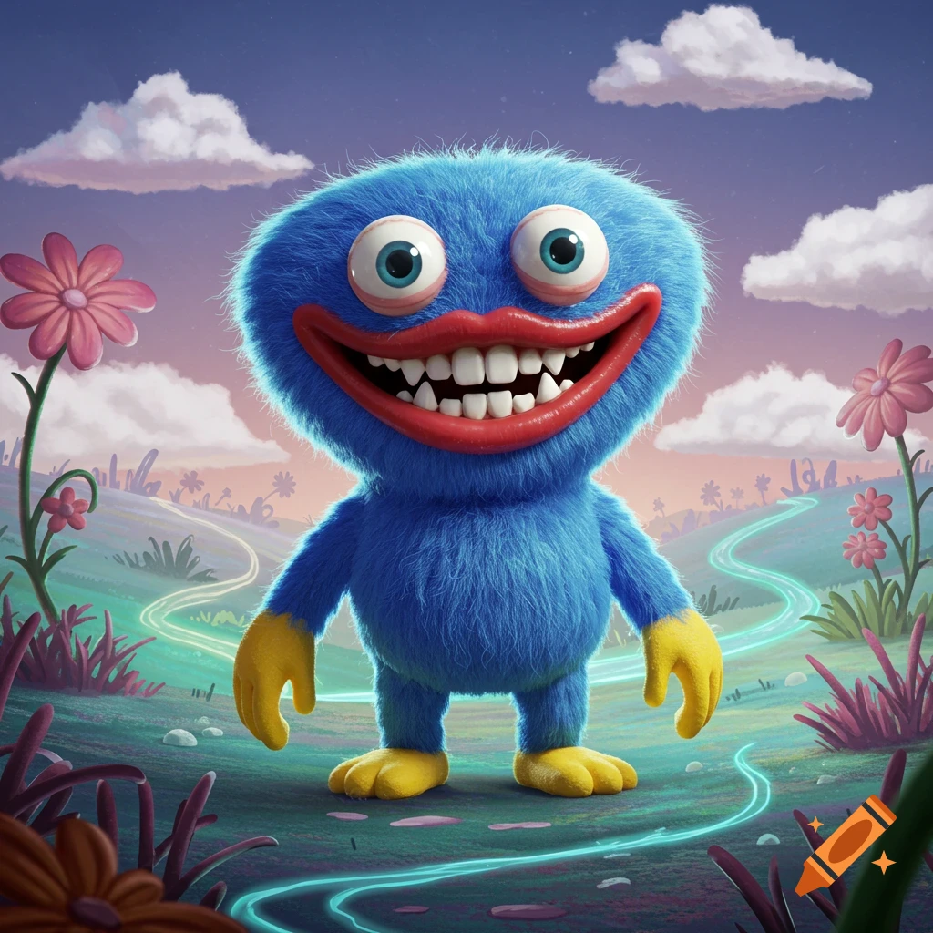 A blue furry monster with large googly eyes, red lips, and sharp white teeth, stands in a whimsical, colorful landscape with pink flowers and glowing paths.