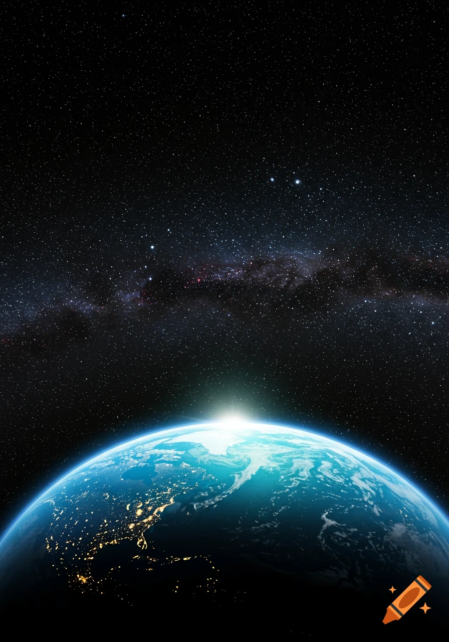The world viewed from space with stars and a bright sunrise over the horizon.