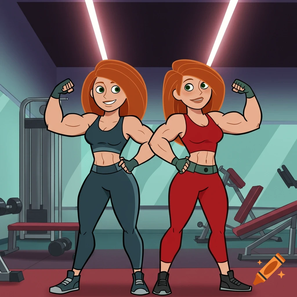 Cartoon versions of Kim Possible and her mom flex their biceps in a gym, standing side-by-side.