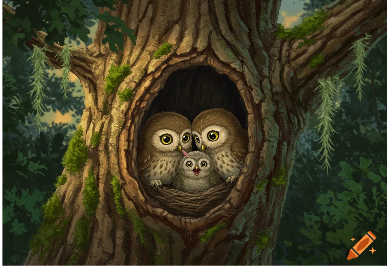 Two adult owls and a baby owl nest in a tree hollow, with the baby looking up expectantly in a cartoon style.
