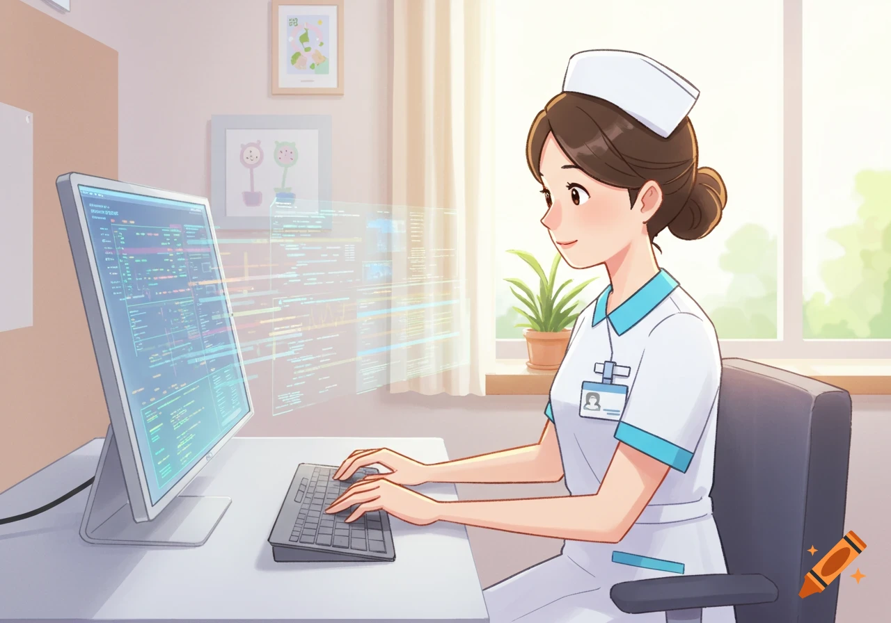Cartoon nurse in uniform sitting at a desk, typing on a keyboard, with code and data displayed on a monitor.
