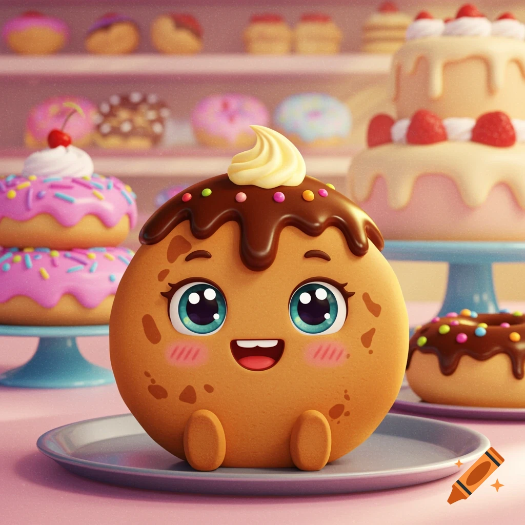A cute, happy cartoon cookie with big eyes, chocolate, and sprinkles, sitting on a tray in a colorful bakery filled with pastries.