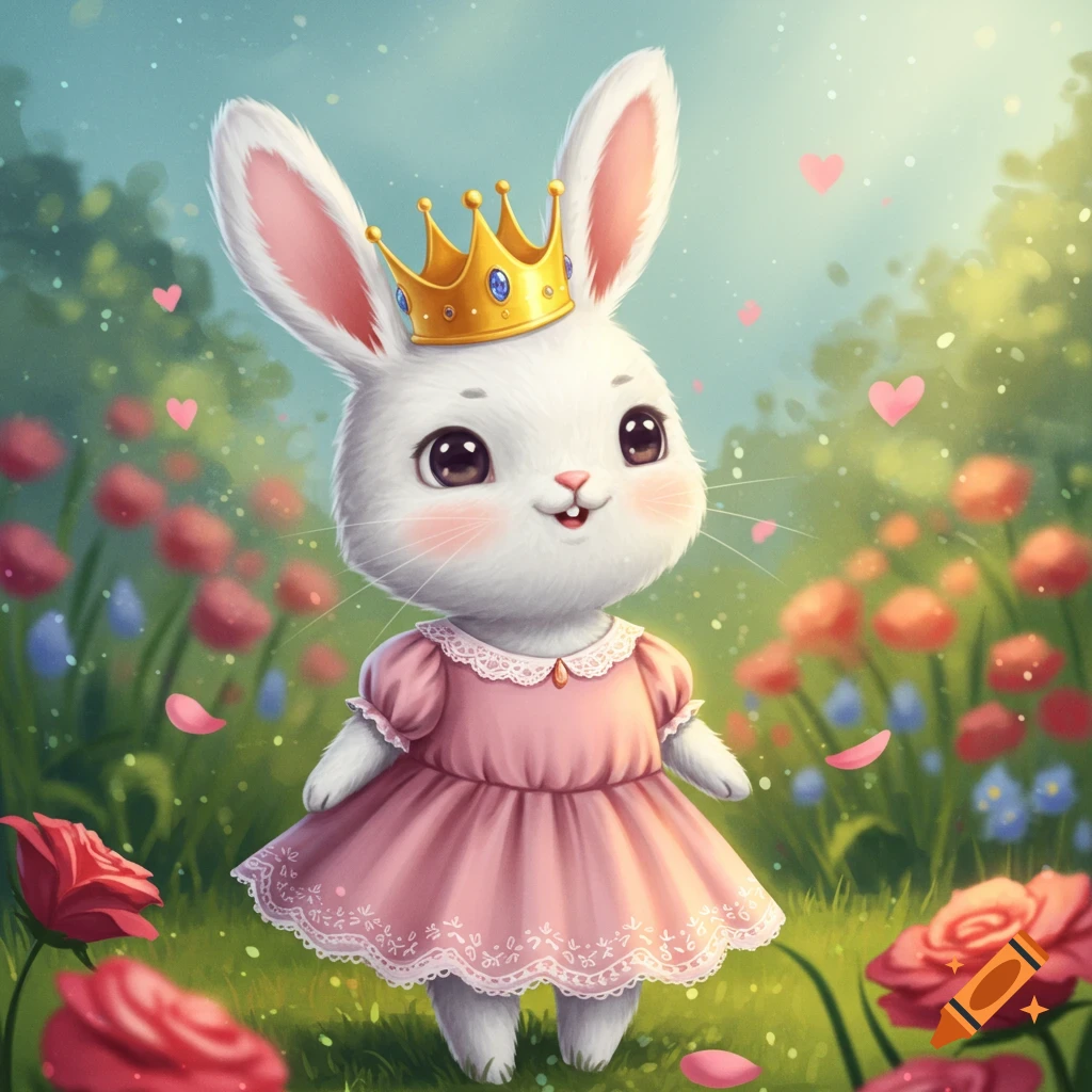 A white cartoon bunny wearing a golden crown and a pink dress stands in a vibrant garden with flowers and floating hearts.