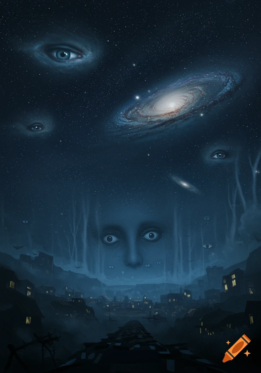 A surreal dark painting showing a starry night sky with floating eyes and a galaxy, looking down on a gloomy city and a large face emerging from mist.