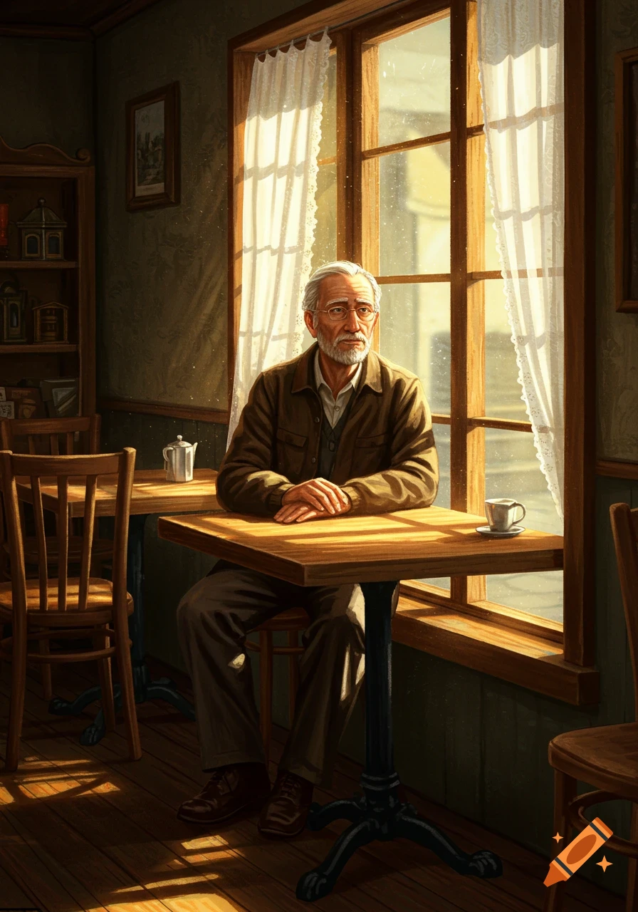 Elderly man with a beard and glasses sitting at a wooden table in a cozy cafe, bathed in soft sunlight from a large window.