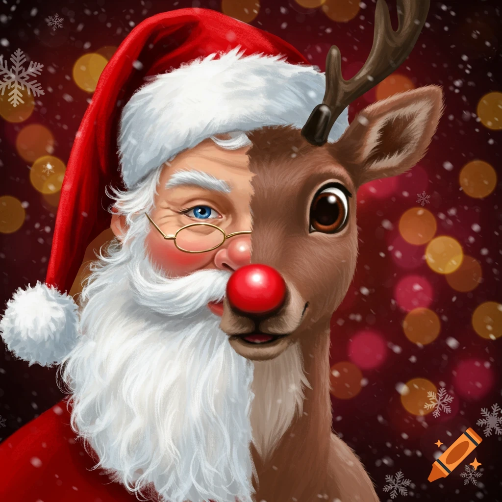 An illustration of Santa's face merged with Rudolph the reindeer's face, against a snowy Christmas background with bokeh lights.