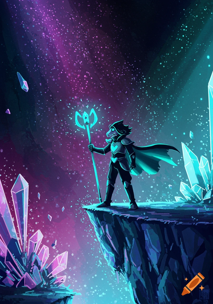 A dark figure in a hooded cloak stands on a cliff, holding a glowing staff amidst vibrant purple and blue cosmic crystals.