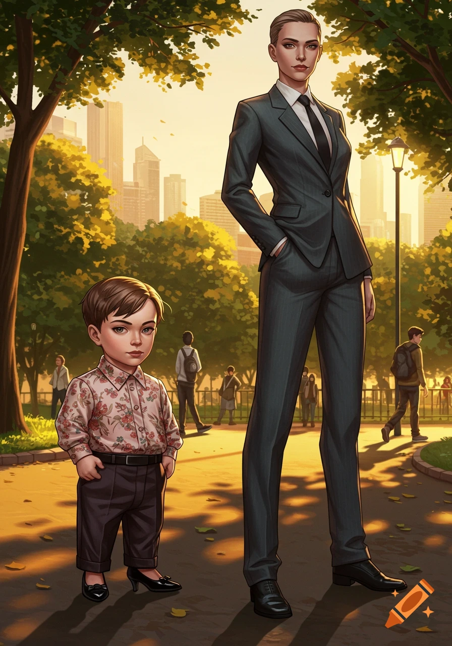 An illustration of a short boy in a floral shirt and high heels standing next to a tall woman in a suit in a park with a city skyline.