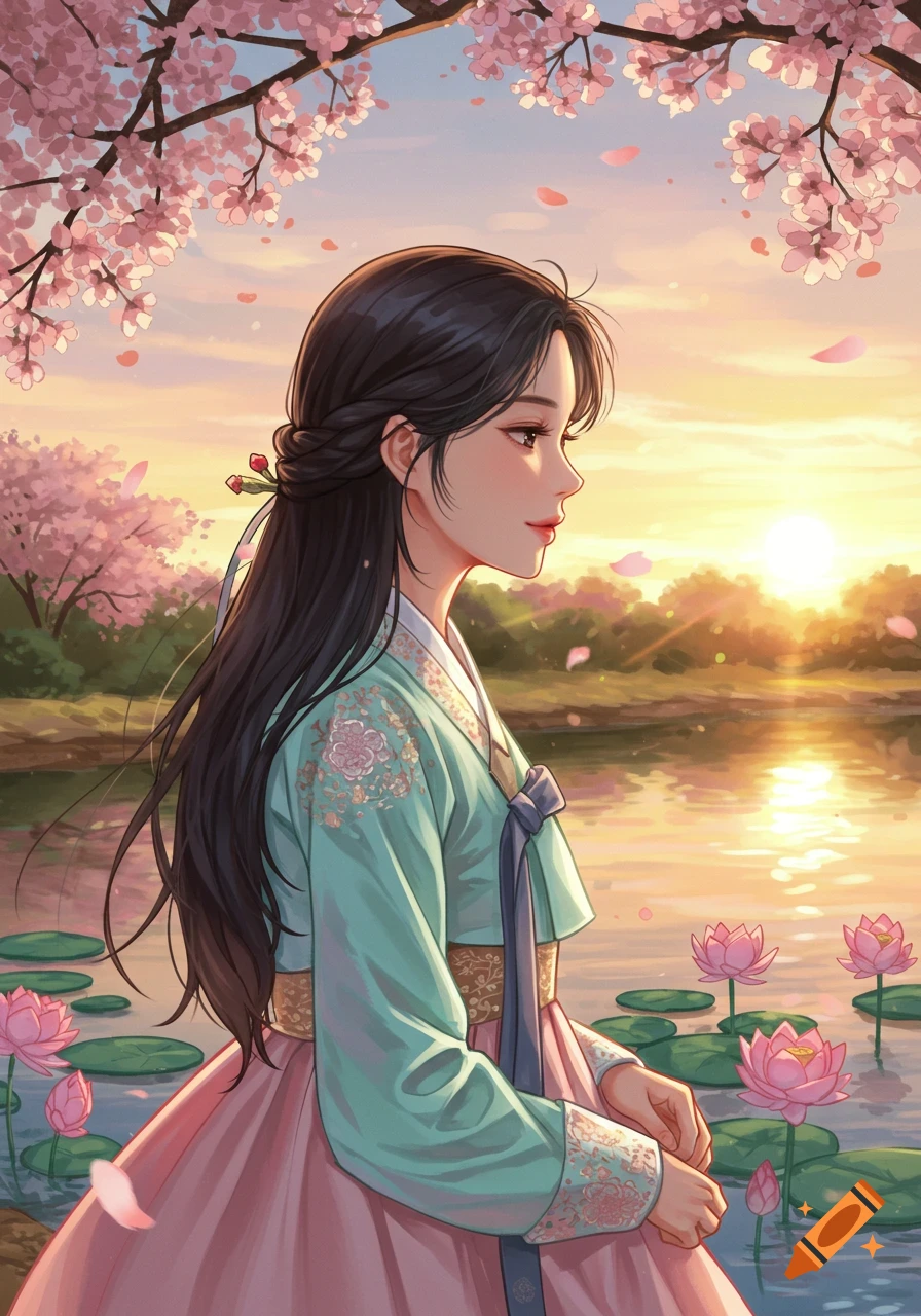 An illustrated Korean woman in a hanbok stands by a lake under cherry blossoms at sunset.