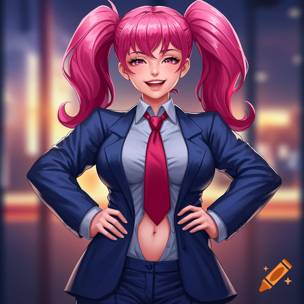 Anime girl with pink pigtails wearing a blue business suit with an unbuttoned shirt showing her belly, and a red tie, smiling.