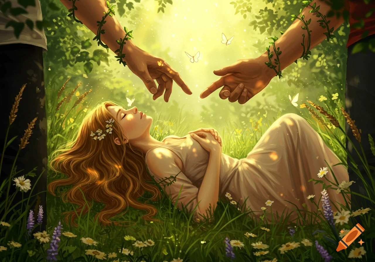 A woman rests in a sunlit meadow as two vine-covered hands reach down, surrounded by butterflies and flowers.