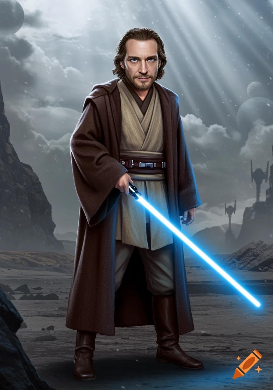 A male Jedi in brown robes holds a glowing blue lightsaber on a rocky alien planet under a cloudy sky with multiple moons. Photorealistic style.