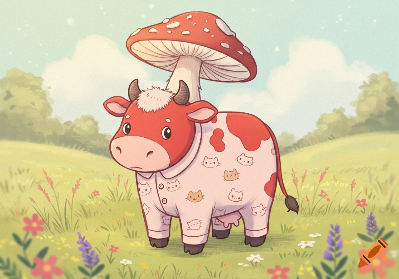 A cute red cow with white spots and a mushroom on its head wears pajamas with cat faces, standing in a field of flowers.