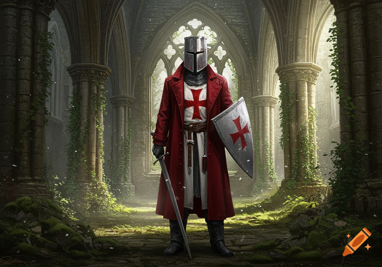 A knight in full armor, red coat, and cross-emblazoned shield stands within a ruined, vine-covered gothic hall.